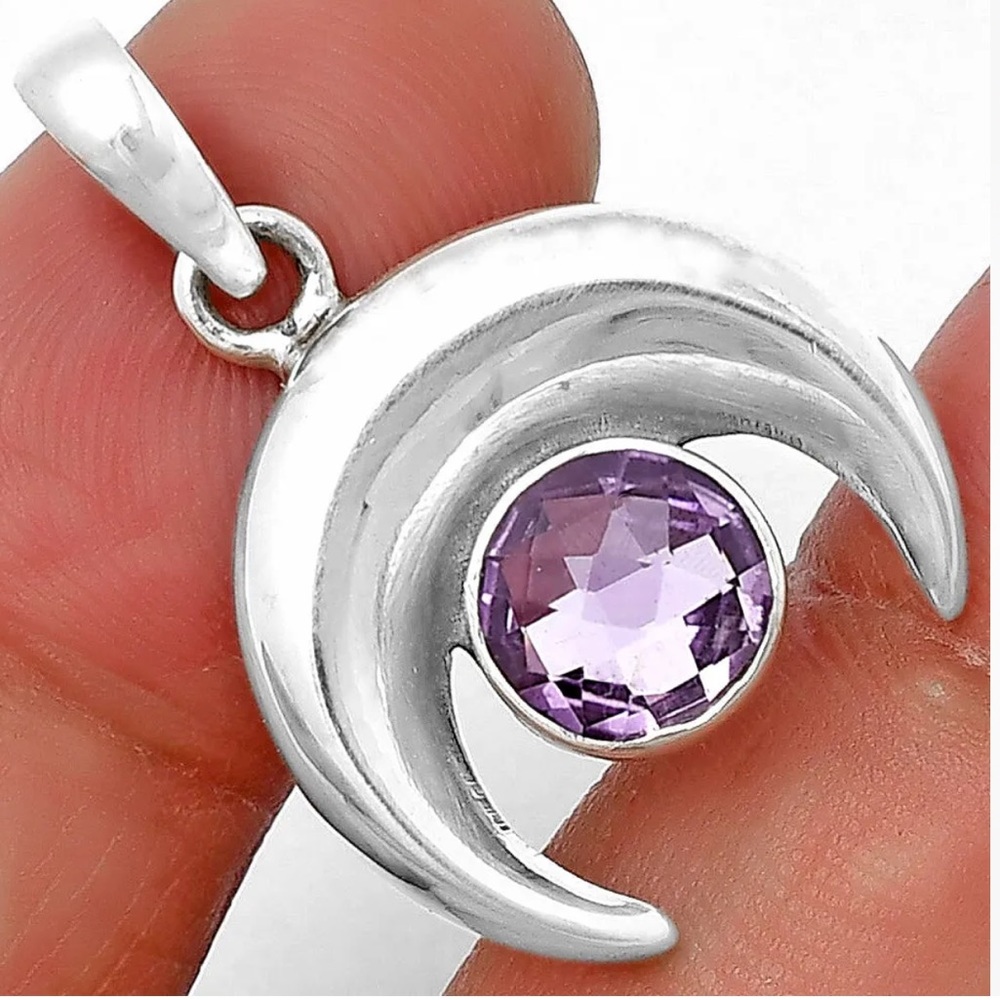 Crescent moon gemstone sterling silver pendant - Picture 3 of 3